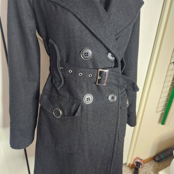 Grass Collection Black Brown Faux Fur Belted Button Pea Coat - Picture 3 of 8